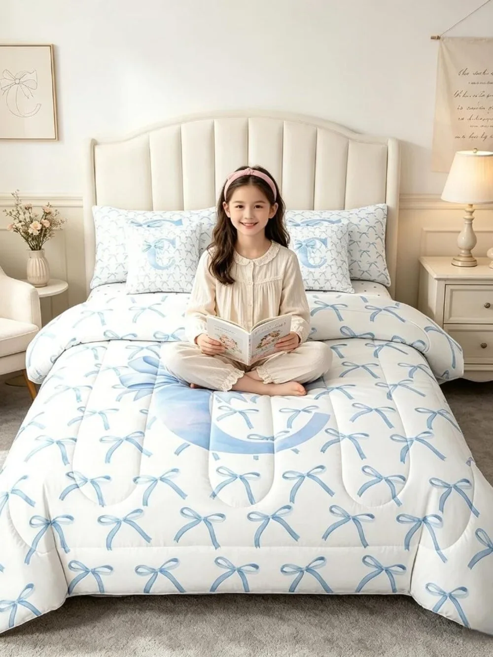 7 Pcs Cartoon Bowknot Kids Comforter Queen Size,Blue Bow Tie Letter C Knot Princ